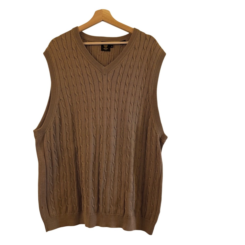 Trump Golf Mens XL Tan Cable Knit‎ V-Neck Sweater Vest 100% Mercerized Cotton